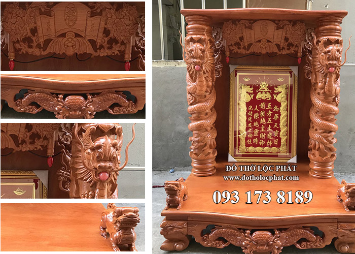 thỉnh bàn thờ ông địa thần tài cột rồng chạm thủ công siêu đẹp 108cm