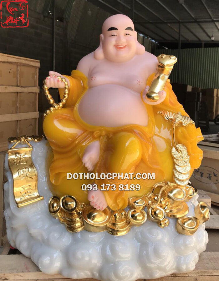 Tượng phật di lặc bằng bột đá vàng hổ phách cầm gậy như ý Tượng phật di lặc bằng bột đá vàng hổ phách cầm gậy như ý