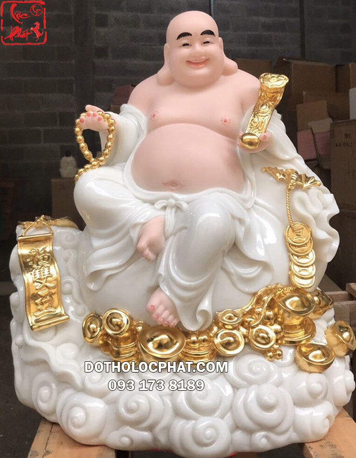 Tượng phật di lặc bằng bột đá đẹp tay cằm như ý và tràng hạt Tượng phật di lặc bằng bột đá đẹp tay cằm như ý và tràng hạt