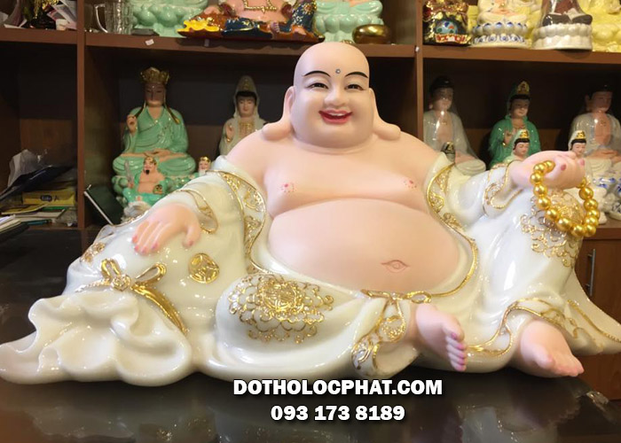 Tượng Di Lặc áo trắng hoa văn viền vàng cực đẹp tượng phật di lặc bằng đá viền vàng đẹp