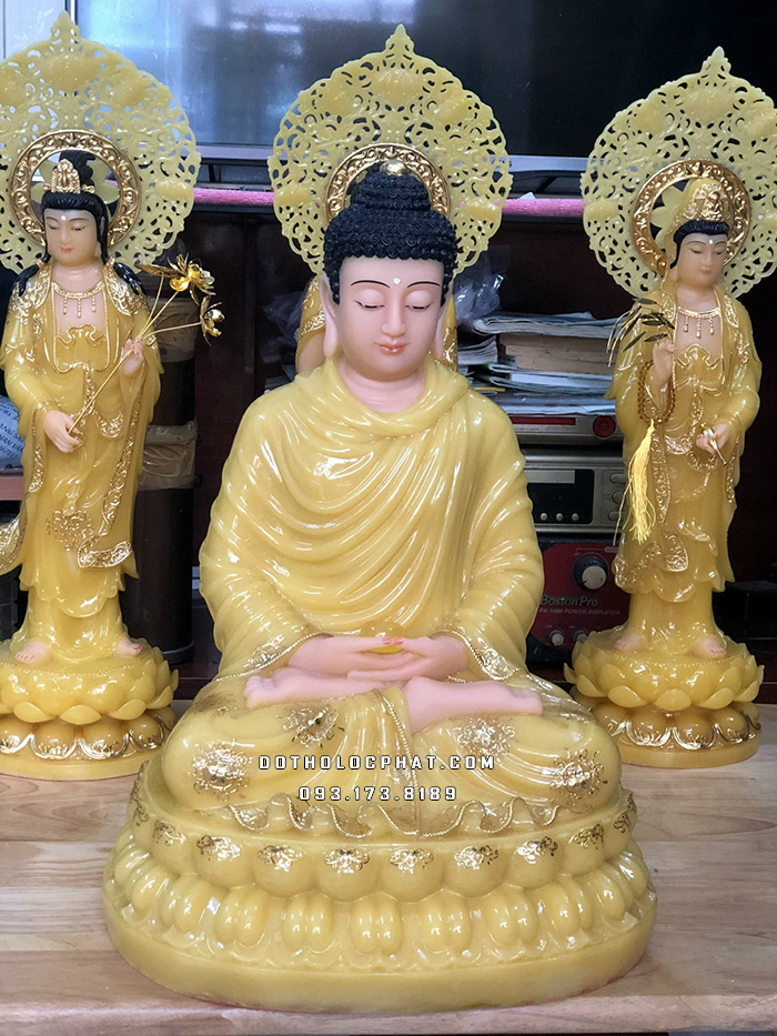 Tượng Phật Bổn Sư Thích Ca bằng bột đá thạch anh vàng cao 50cm