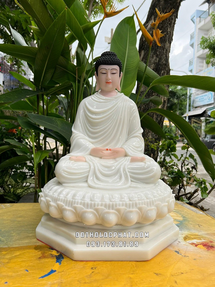 Tượng Phật Bổn Sư Thích Ca Mâu Ni áo trắng đế 8 cạnh cao 50cm