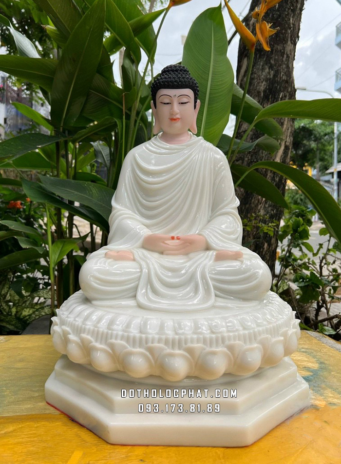 Tượng Phật Bổn Sư Thích Ca Mâu Ni áo trắng đế 8 cạnh cao 50cm