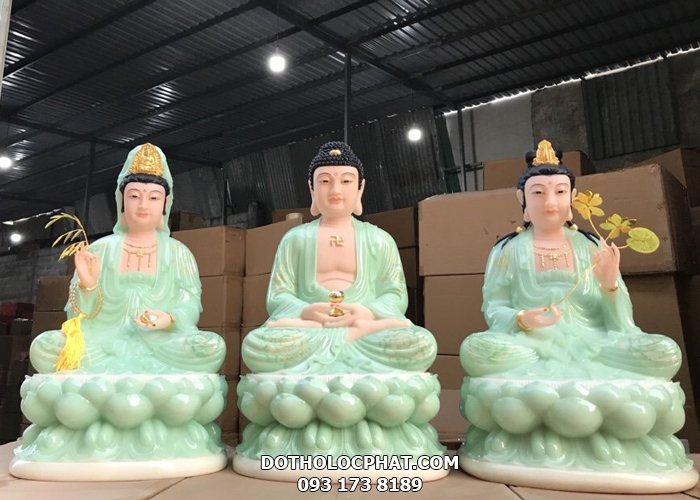 bộ tượng tây phương tam thánh bằng đá xanh ngọc vẽ hoan 3D đẹp