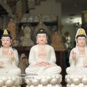 Bộ Tượng Tây Phương Tam Thánh Bằng Bột Đá Trắng Da Hồng TPTT-005