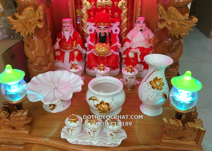 bộ đồ thờ bằng sứ trắng hoa sen vàng đẹp nhất