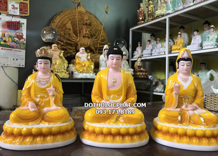 bộ tượng tây phương tam thánh màu vàng hổ phách đẹp nhất