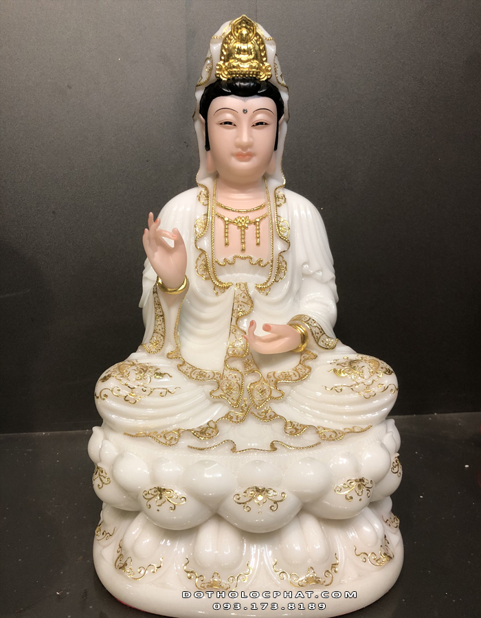 Tượng Phật Bà Quan Âm Ngồi Trắng Viền Vàng QABT-035