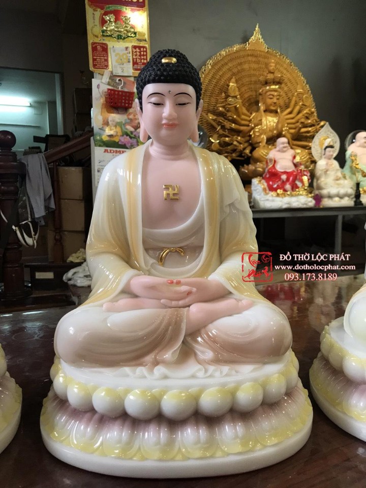 Đức Phật A Di Đà bằng bột đá màu ngọc cẩm thạch vàng