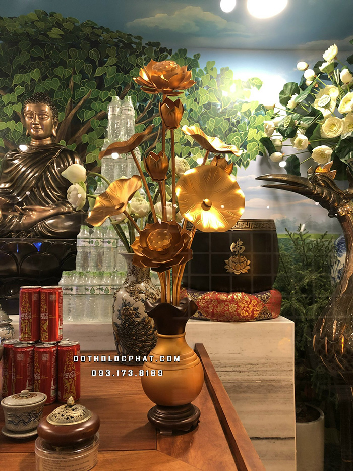 Lọ hoa sen mạ đồng vàng thờ Phật cao 82cm