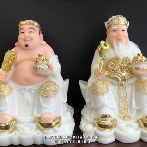 tượng ông địa thần tài bằng đá trắng viền vàng đế thỏi vàng
