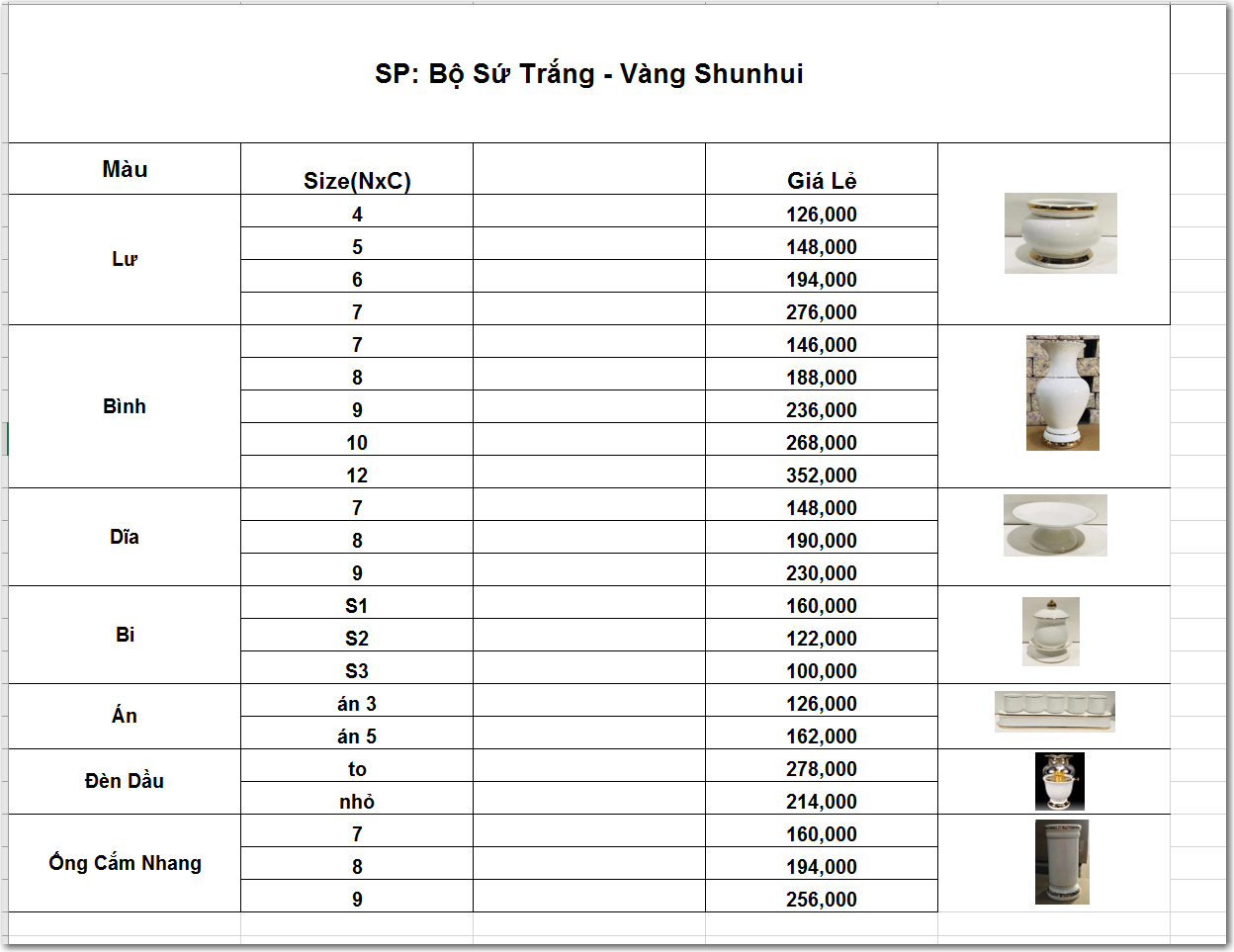 bảng giá bộ sứ trắng thờ cúng cao cấp tại lộc phát