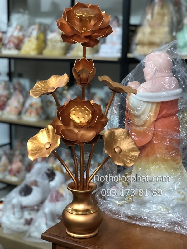 Đôi lọ hoa sen mạ đồng vàng thờ Phật 7 bông cao 60cm