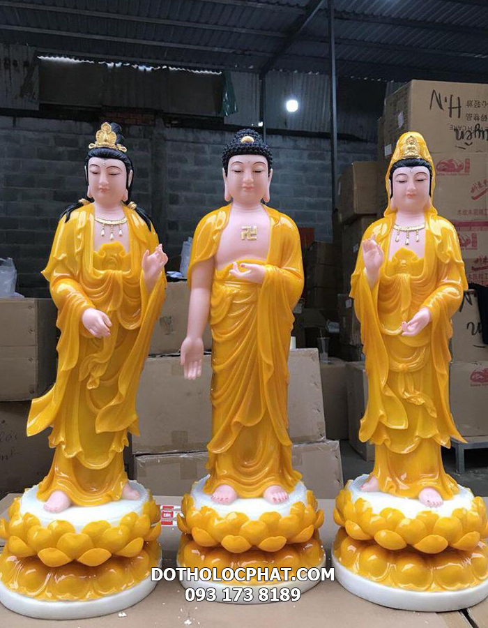 Bộ tượng Tam Thánh Phật đứng bằng bột đá cao cấp, y áo màu vàng hổ phách