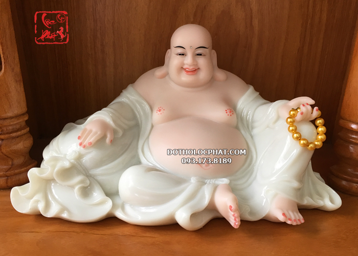 Tượng Phật Di Lặc bằng bột đá trắng cao cấp tay cầm tràng hạt