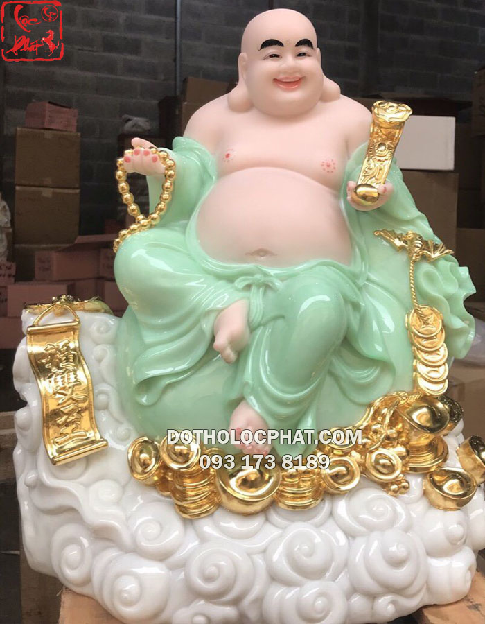 Tượng Phật Di Lặc ngồi đám mây tay cầm gậy như ý vàng màu xanh ngọc đẹp nhất