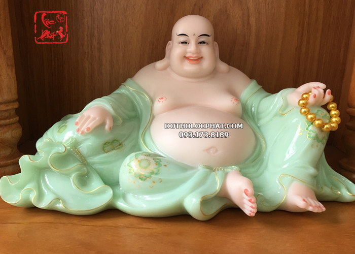 Tượng Phật Di Lặc ngồi, y áo xanh ngọc vẽ hoa văn 3D đẹp nhất