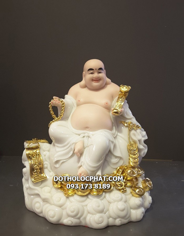 Tượng Phật Di Lặc bằng bột đá trắng cao cấp, tay cầm tràng hạt và gậy như ý vàng