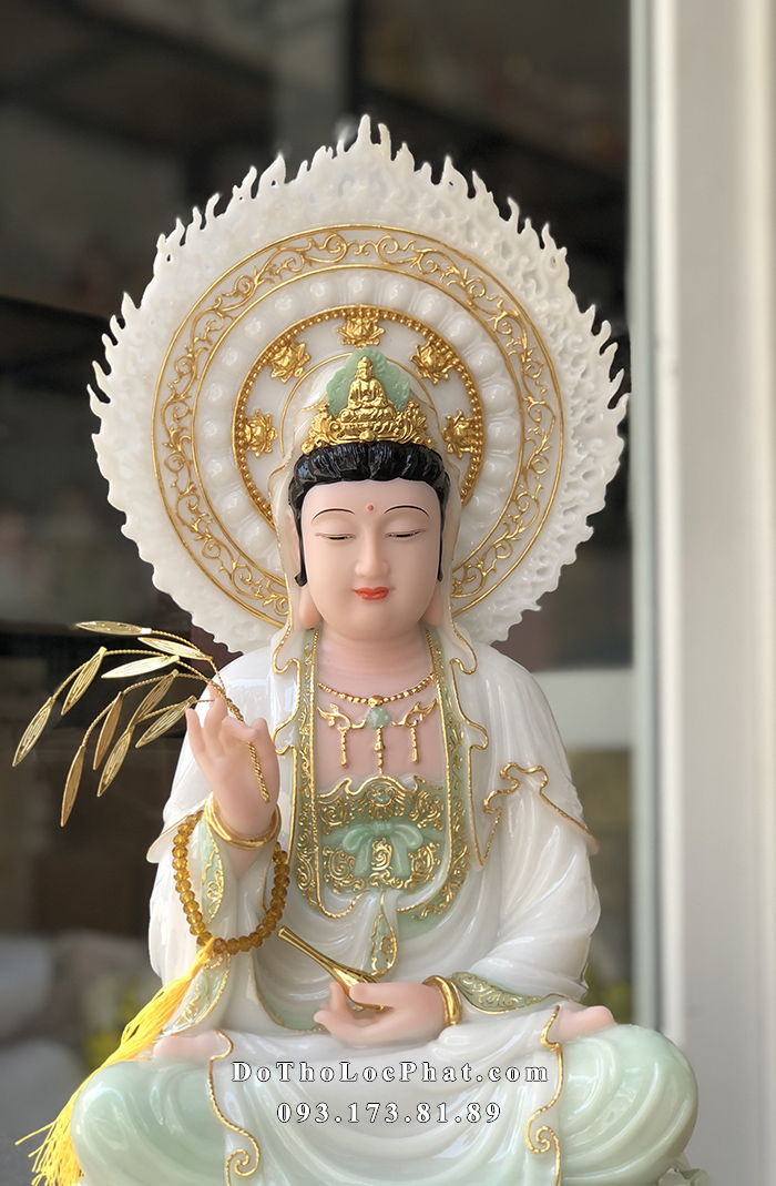 Tượng Quan Âm Bồ Tát Màu Thiên Thanh Hào Quang Nhỏ QABT-054