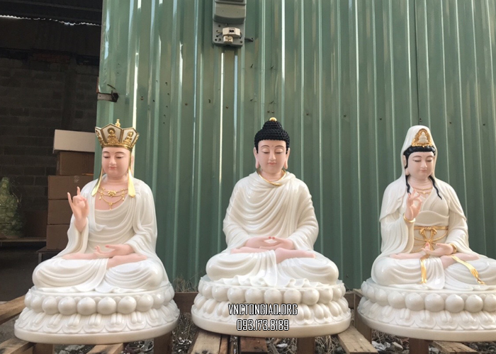 Tượng Ta Bà Tam Thánh bằng bột đá trắng cao cấp đế to