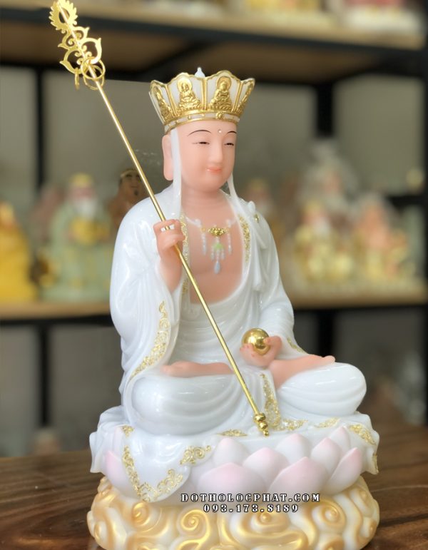 tượng địa tạng vương bồ tát trắng viền vàng đế mây đẹp