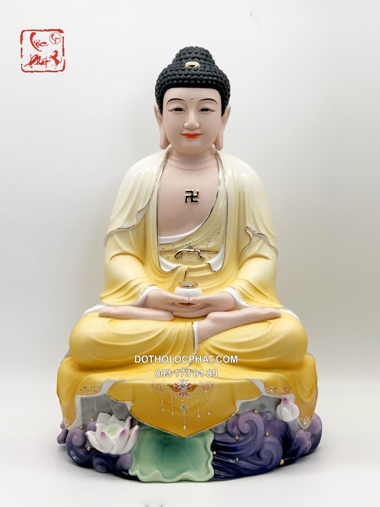 Tượng Phật A Di Đà bằng sứ áo vàng đế hồ sen đẹp