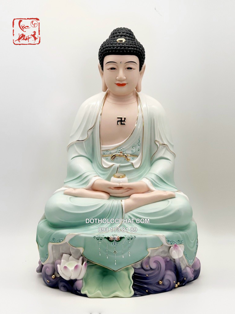 Tượng Phật A Di Đà bằng sứ áo xanh đế hồ sen đẹp