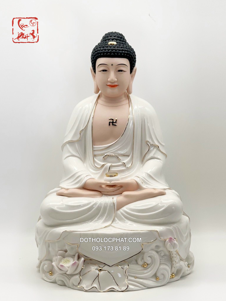 Tượng Phật A Di Đà bằng sứ áo đế hồ sen đẹp