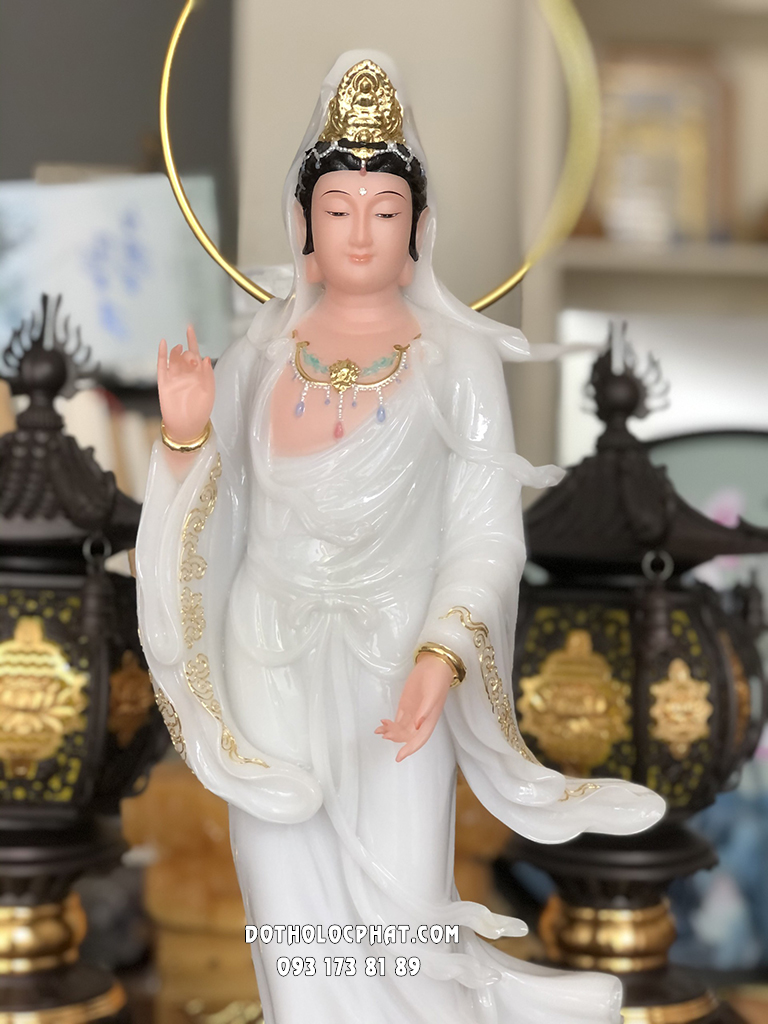 Tượng Phật Quan Âm Đứng Áo Trắng Hào Quang Vòng QABT-068