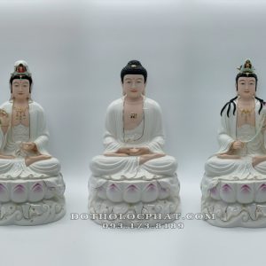 tượng tây phương tam thánh ngồi bằng sứ trắng sen hồng đẹp