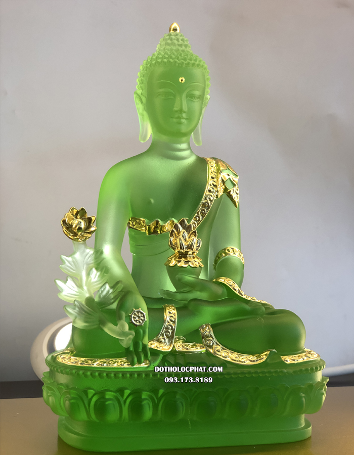 Tượng Phật Dược Sư Đá Lưu Ly Xanh Dát Vàng 24k DS-023