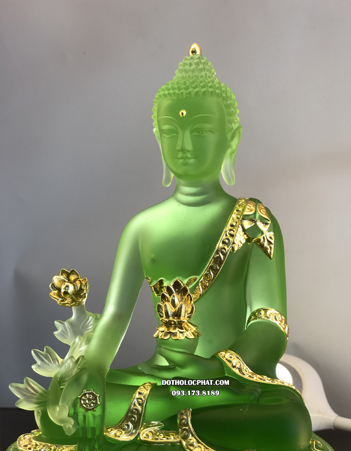 Tượng Phật Dược Sư Đá Lưu Ly Xanh Dát Vàng 24k DS-023