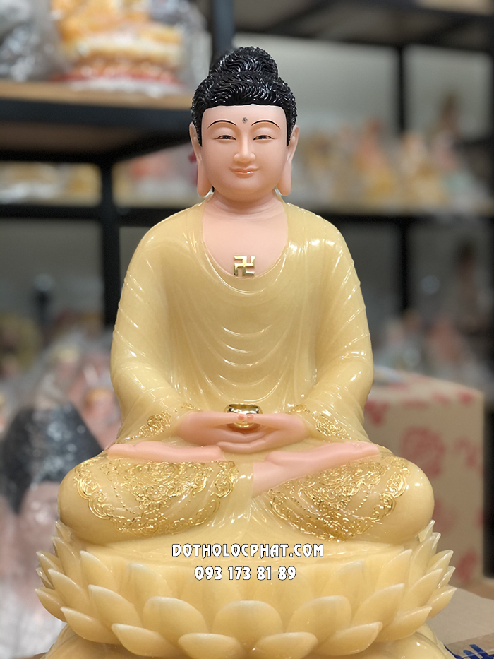 Tượng Phật A Di Đà Vàng Thạch Anh Đế Hoa Sen Nở ADD-006