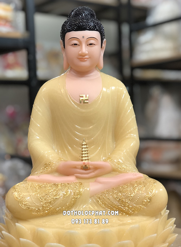 Tượng Phật Dược Sư Vàng Thạch Anh Đế Sen Nở DS-030