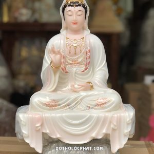Tượng Phật Quan Âm Trắng Hồng Ngồi Tự Tại Trên Bệ Đá QABT-070