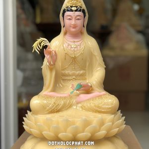 Tượng Phật Quan Âm Vàng Thạch Anh Đế Hoa Sen Nở QABT-077