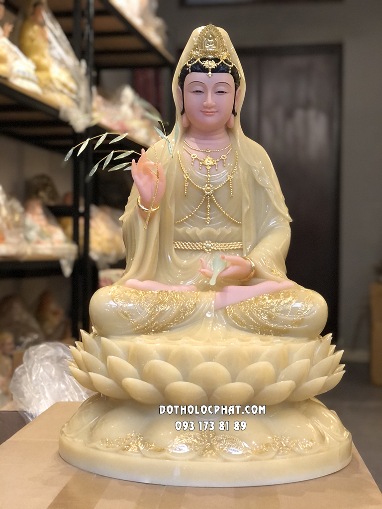 Tượng Phật Quan Âm Vàng Thạch Anh Đế Hoa Sen Nở QABT-077 cao 68cn