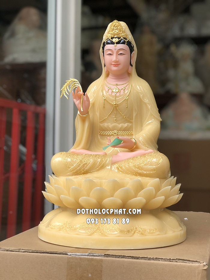Tượng Phật Quan Âm Vàng Thạch Anh Đế Hoa Sen Nở QABT-077