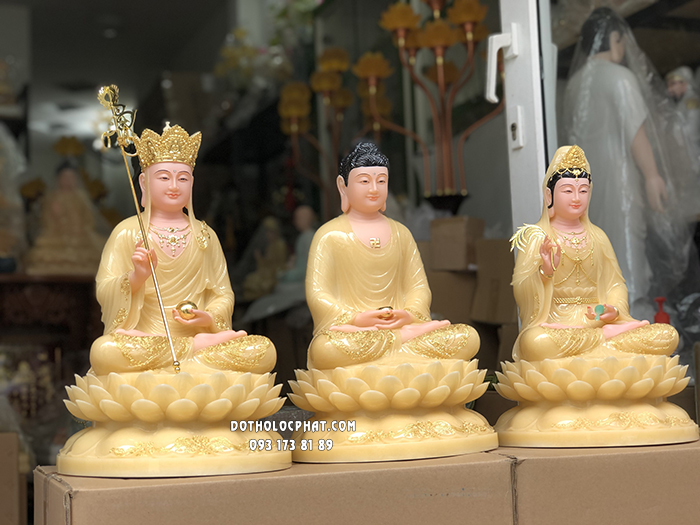 Tượng Ta Bà Tam Thánh Vàng Thạch Anh Đế Hoa Sen Nở TBTT-004