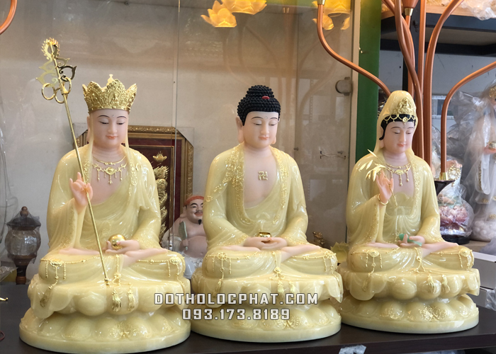 tượng ta bà tam thánh thạch anh áo rủ viền vàng đẹp nhất