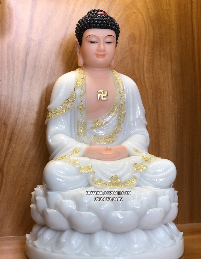Hình chụp thật tượng Phật Dược Sư bằng bột đá trắng viền vàng đẹp tại HCM