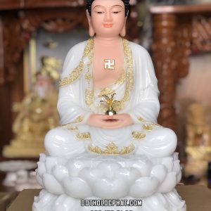 Tượng Phật Dược Sư Bột Đá Trắng Viền Vàng Đế Sen DS-035