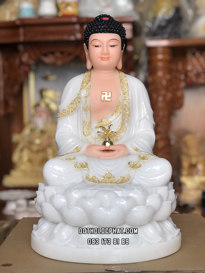 Tượng Phật Dược Sư Bột Đá Trắng Viền Vàng Đế Sen DS-035