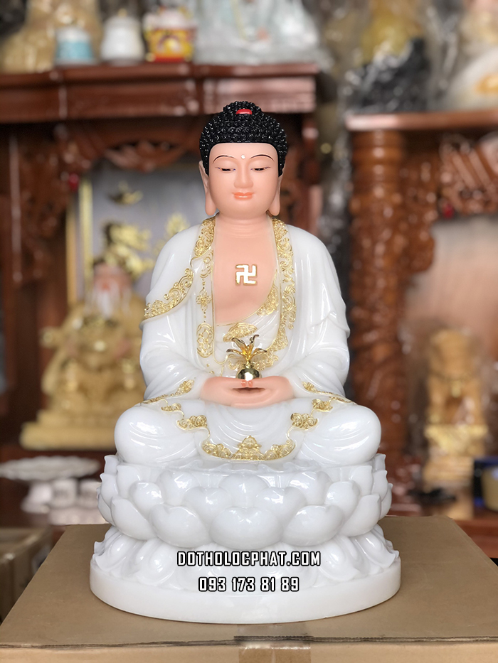 Tượng Phật Dược Sư Bột Đá Trắng Viền Vàng Đế Sen DS-035