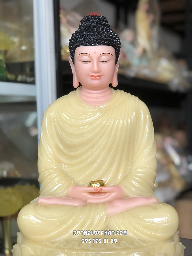 Tượng Phật Thích Ca Vàng Thạch Anh Đế Sen Tròn TCTT-030 cao 48cm