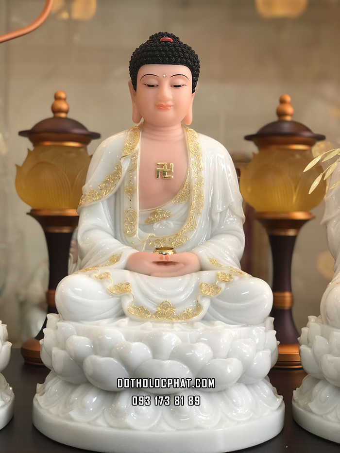 Tượng Phật A Di Đà Áo Trắng Viền Vàng Đế Sen ADD-010