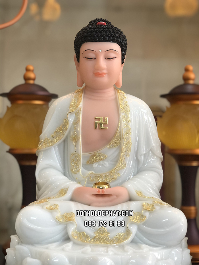 Tượng Phật A Di Đà Áo Trắng Viền Vàng Đế Sen ADD-010
