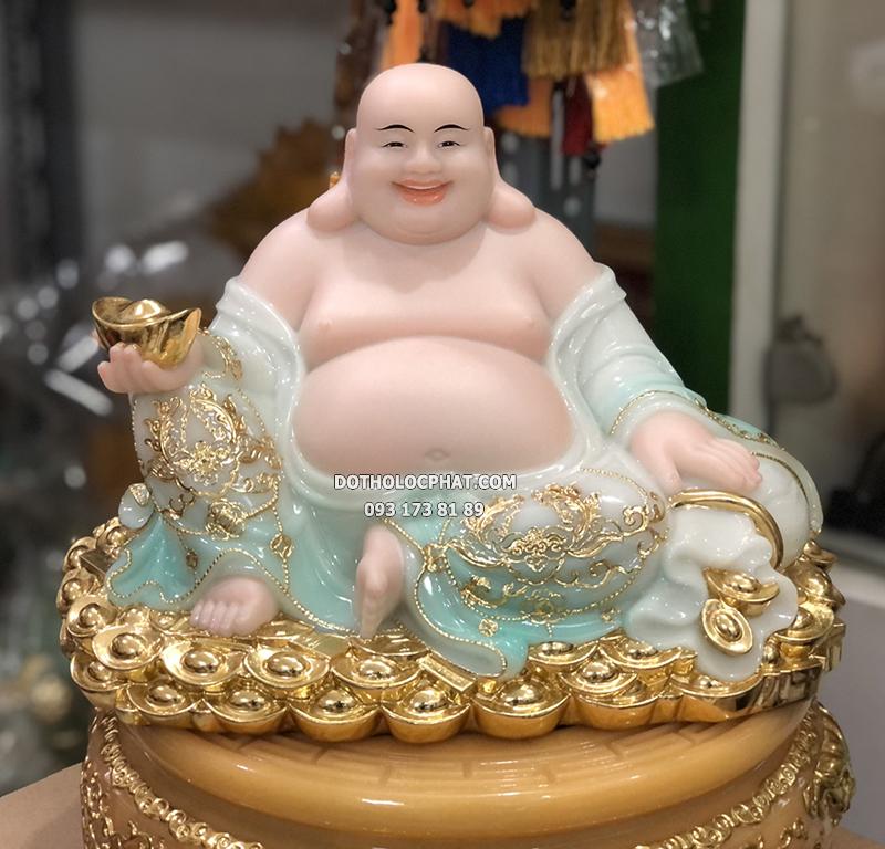 Tượng Phật Di Lặc Áo Xanh Đế Thỏi Vàng DLBT-069
