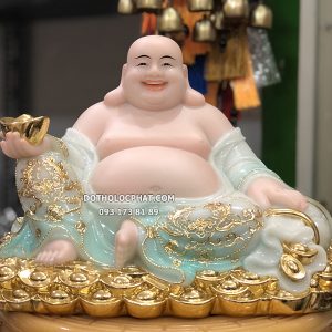 Tượng Phật Di Lặc Áo Xanh Đế Thỏi Vàng DLBT-069
