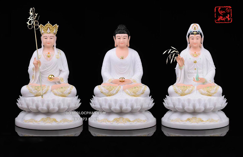 Tượng Ta Bà Tam Thánh Áo Trắng Đế Sen Nở TBTT-009